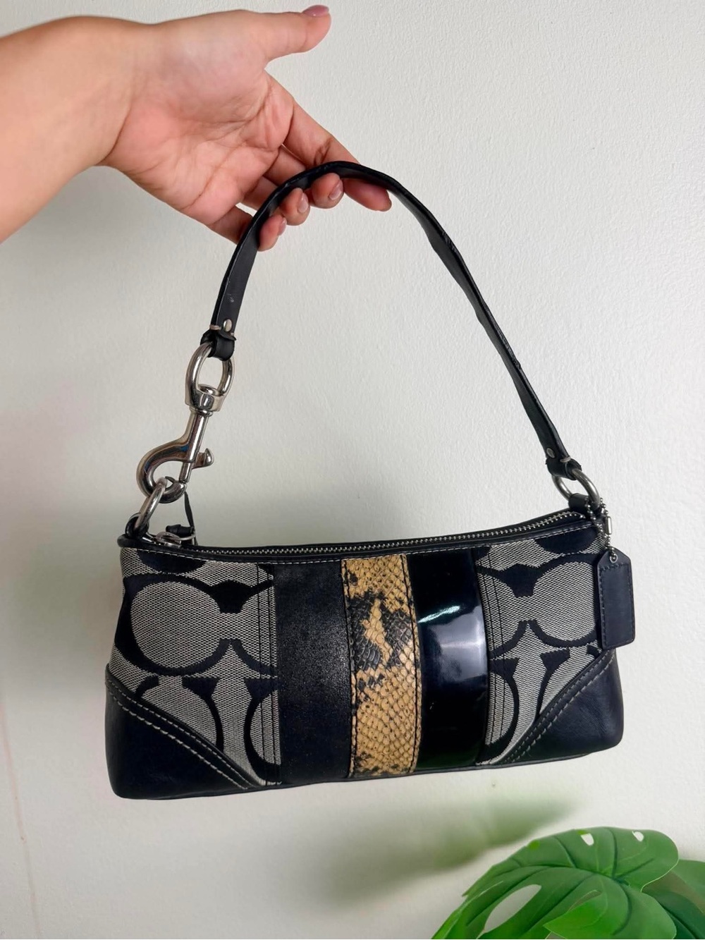 Coach Black Signature Shoulder Bag with Tan Snake-Print Stripe